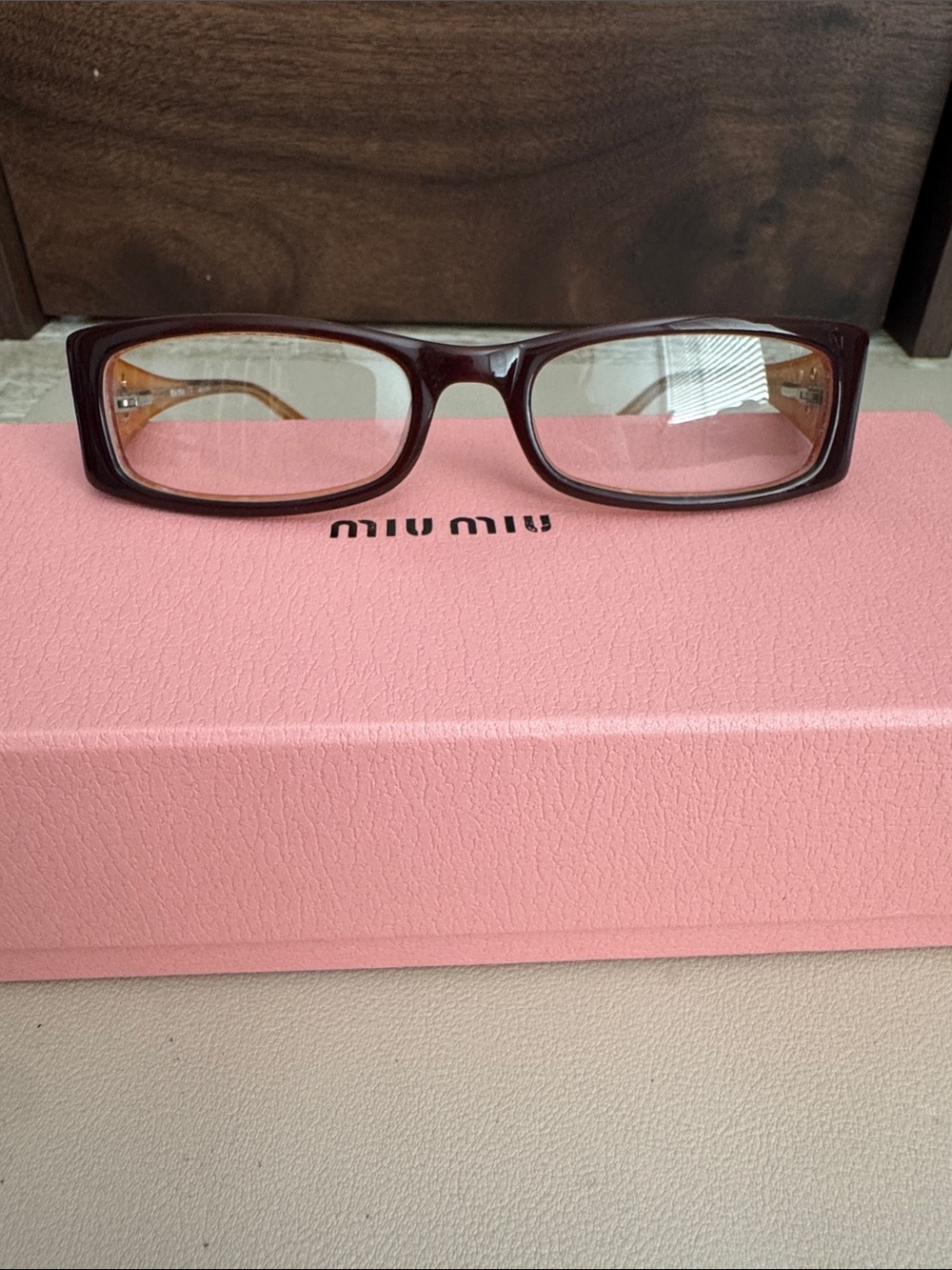 Miu Miu Brown Rectangle Frame Eyeglasses with Amber Temples